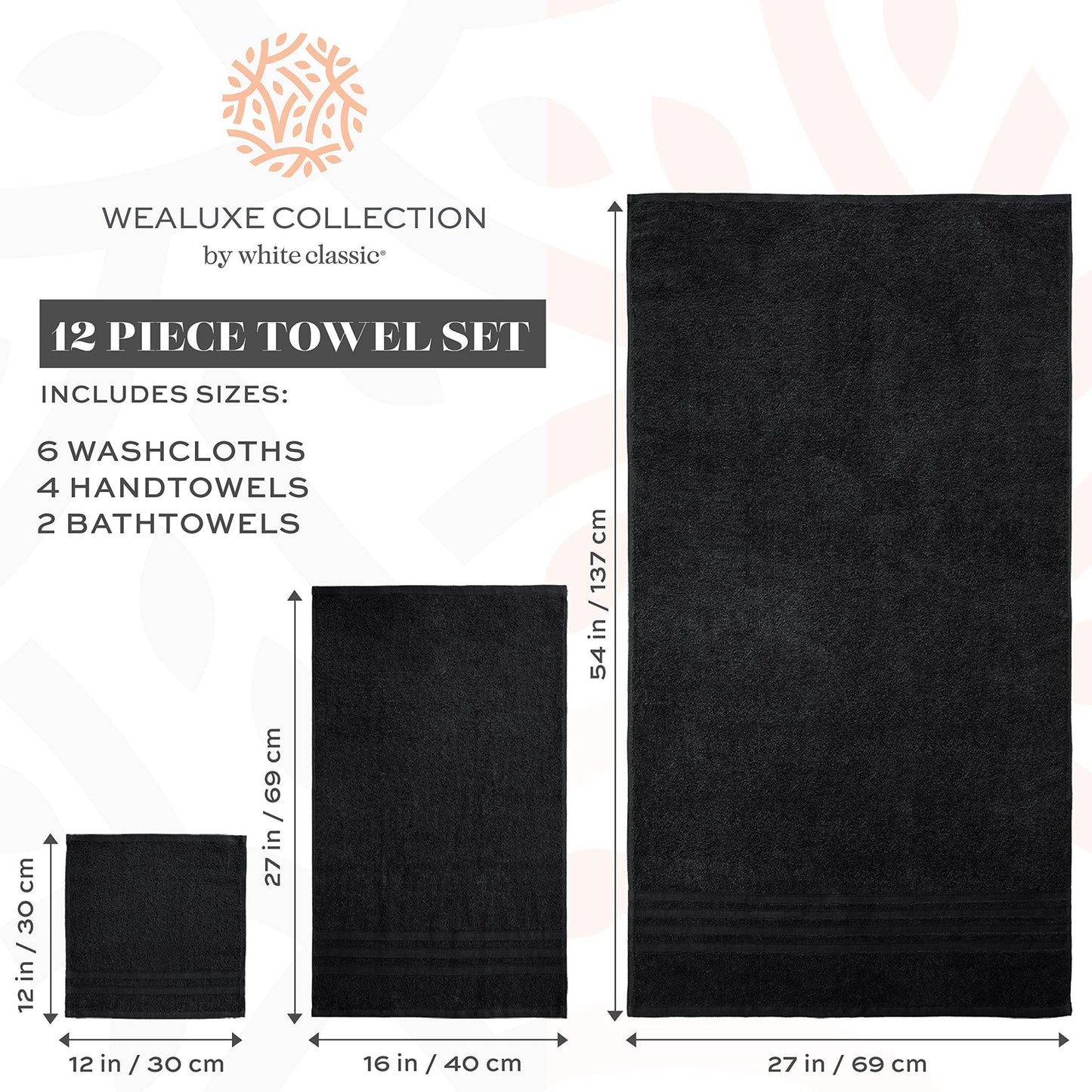 12 Piece Bath Towel Set for Bathroom Wealuxe Collection 2 Bath Towels 4 Hand