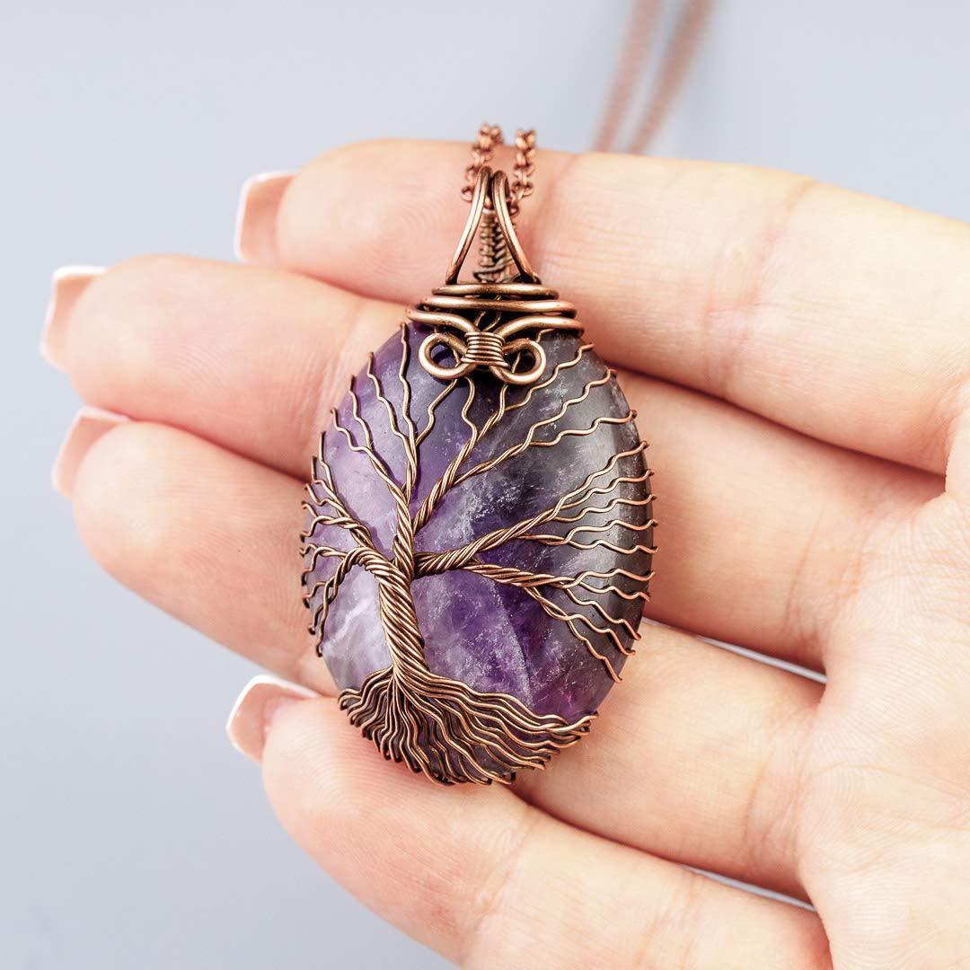 Handmade amethyst tree of life pendant necklace   Unique copper jewelry for