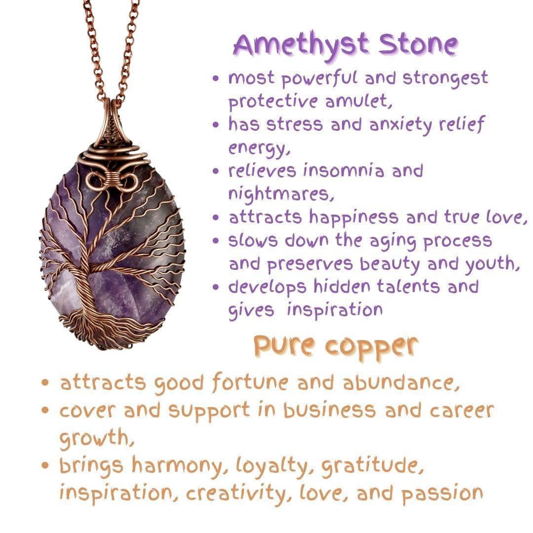 Handmade amethyst tree of life pendant necklace   Unique copper jewelry for