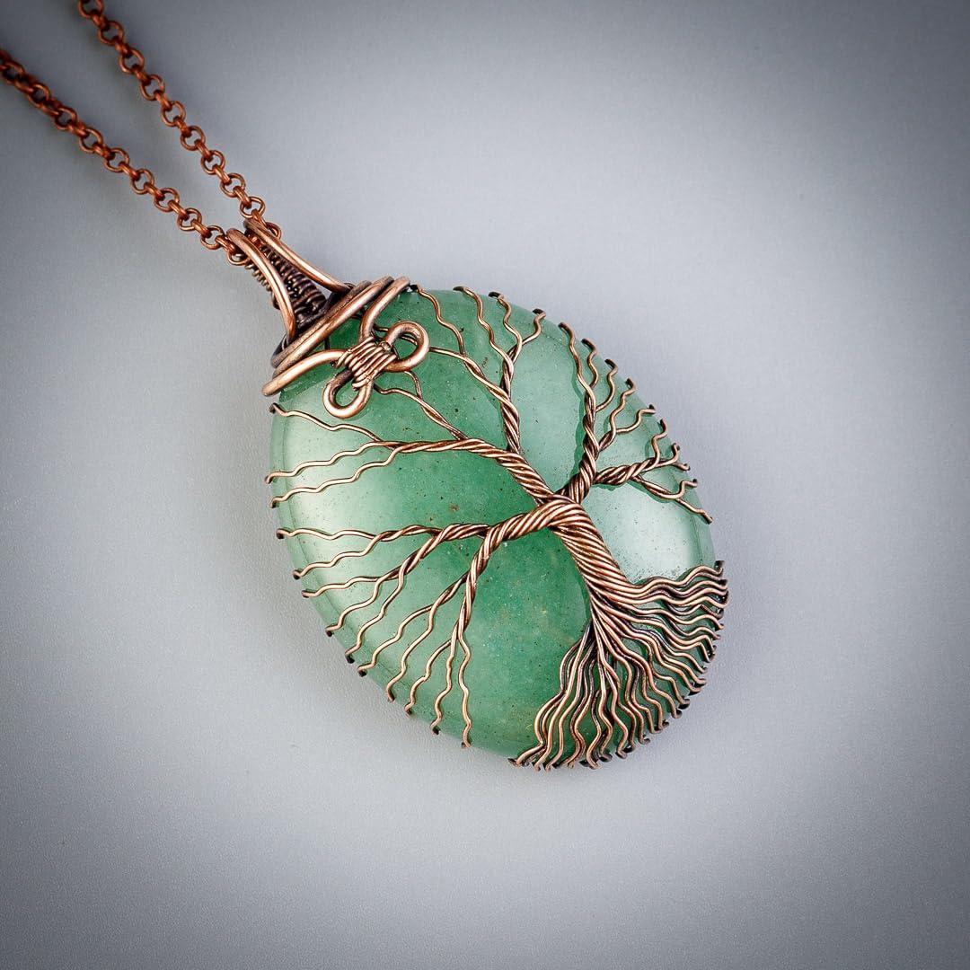 Green aventurine tree of life pendant necklace   Unique copper jewelry for