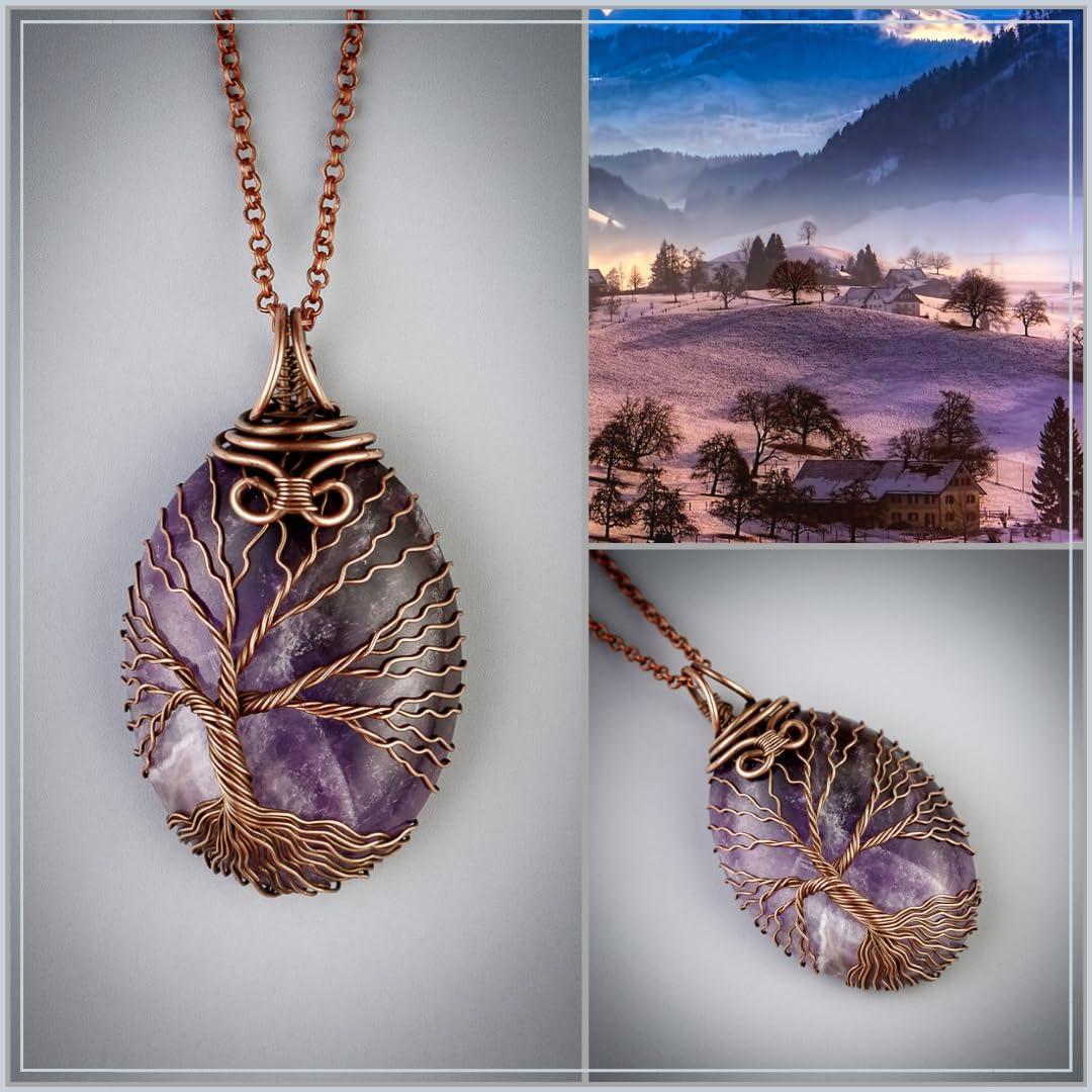 Handmade amethyst tree of life pendant necklace   Unique copper jewelry for