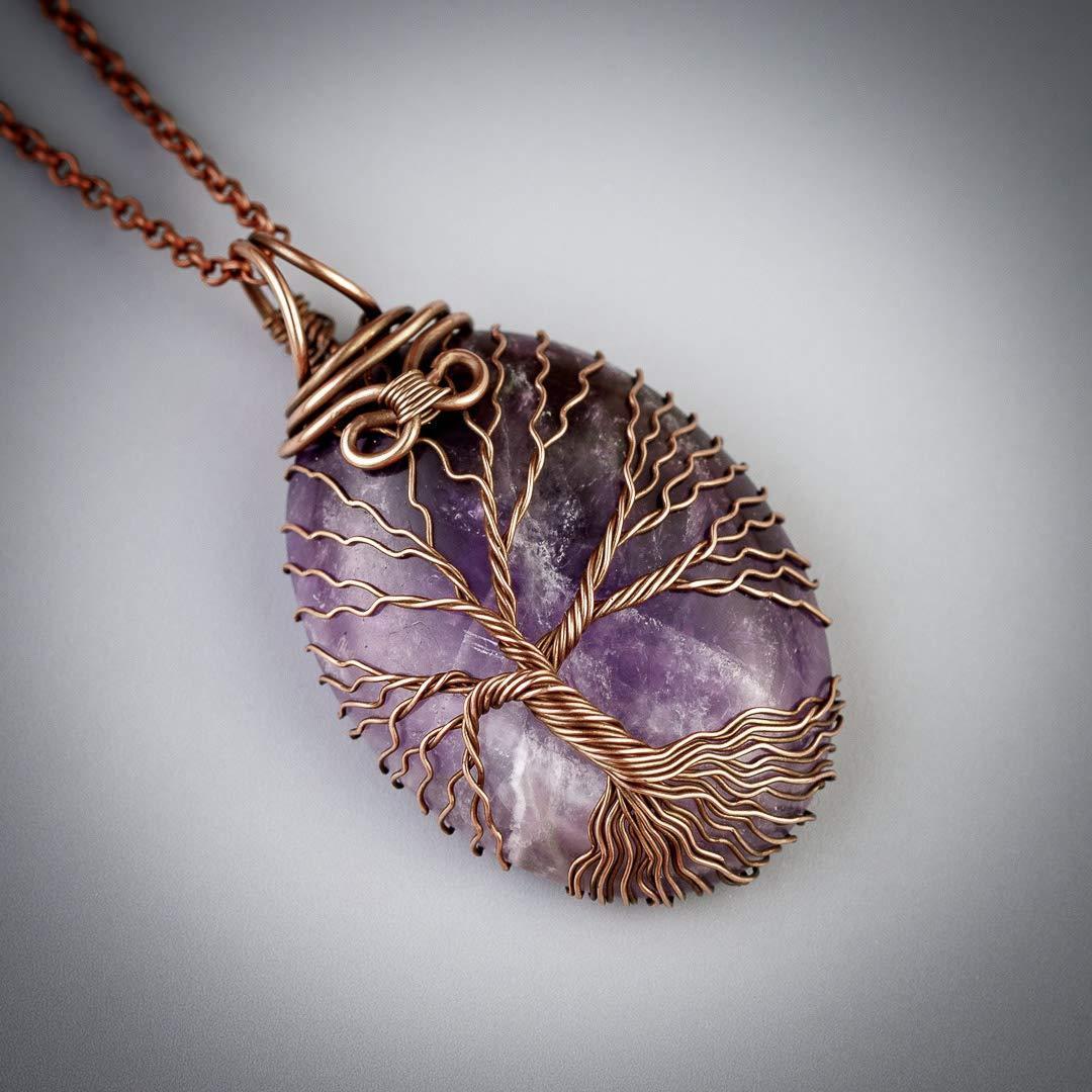 Handmade amethyst tree of life pendant necklace   Unique copper jewelry for