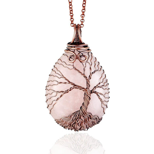 Unique tree of life rose quartz pendant necklace   Handmade copper jewelry for