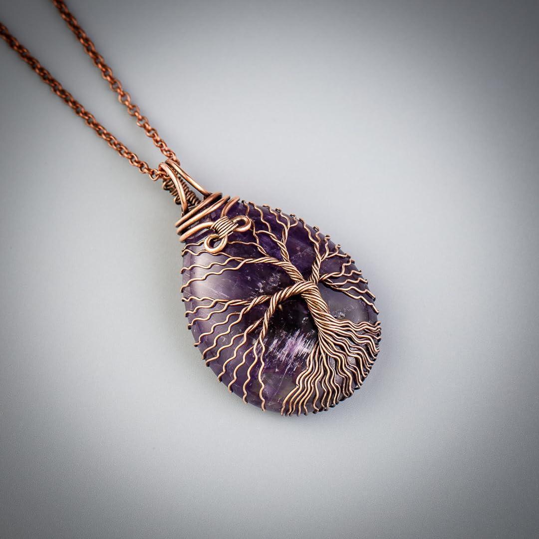 Teardrop amethyst tree of life pendant necklace   Unique copper jewelry for