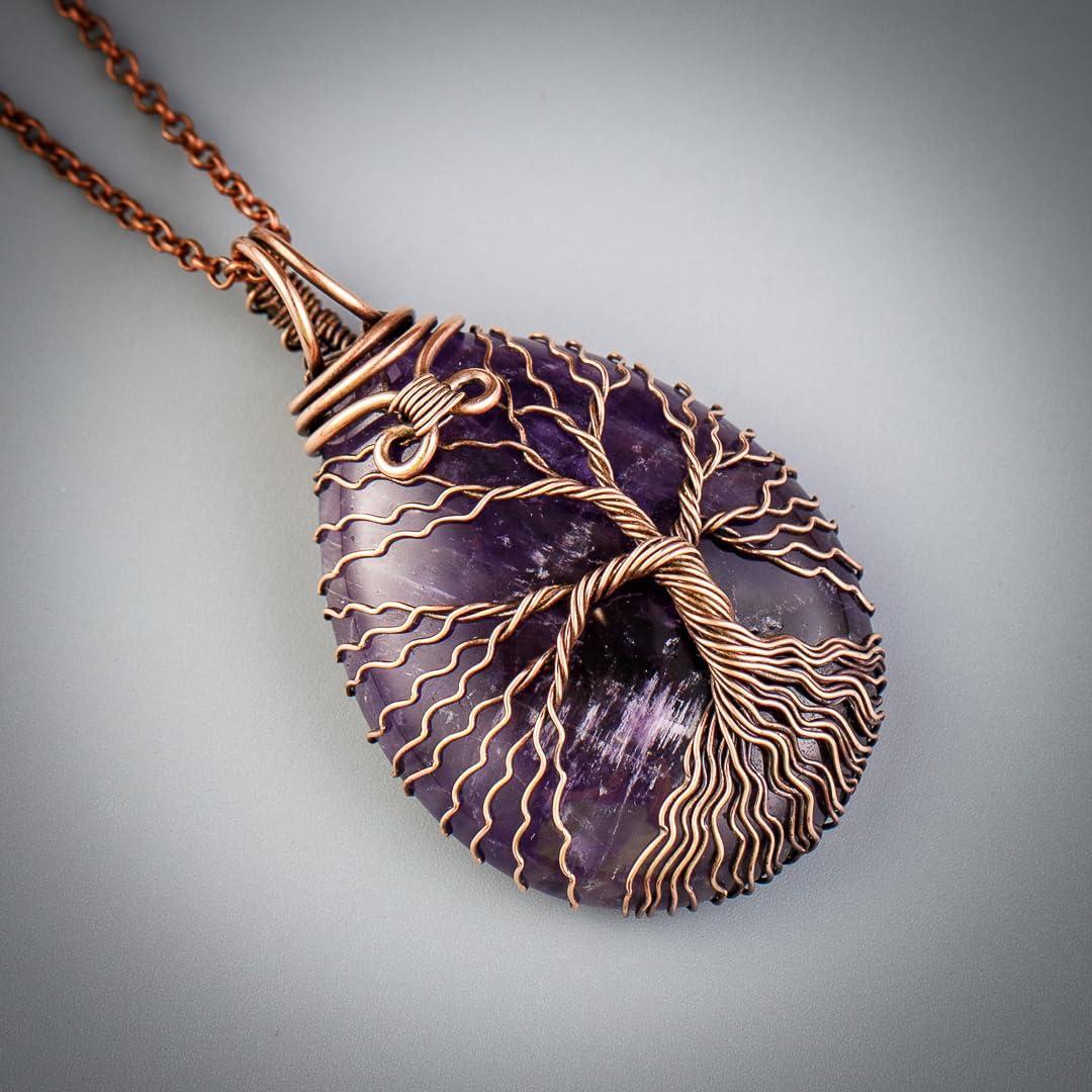 Teardrop amethyst tree of life pendant necklace   Unique copper jewelry for