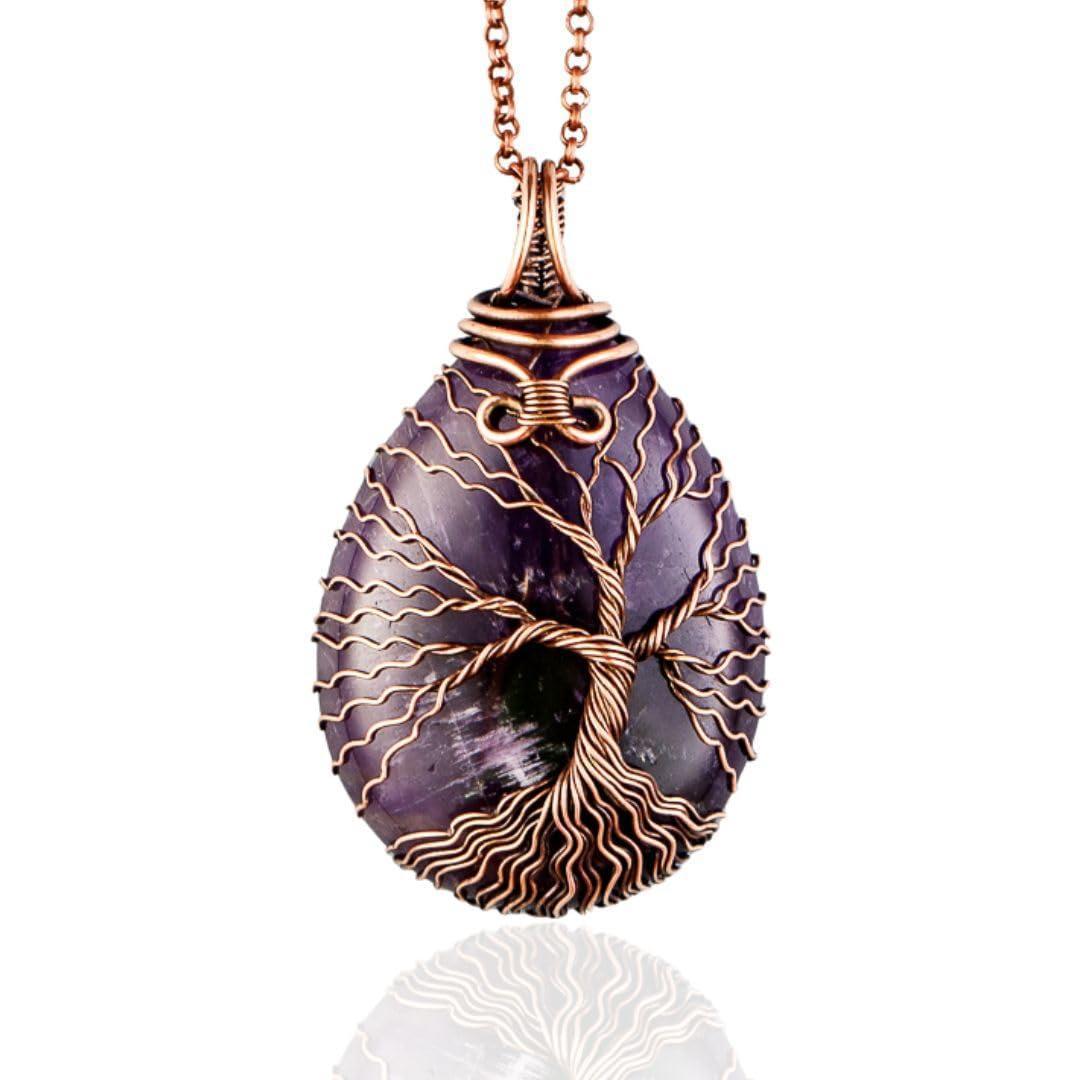 Teardrop amethyst tree of life pendant necklace   Unique copper jewelry for