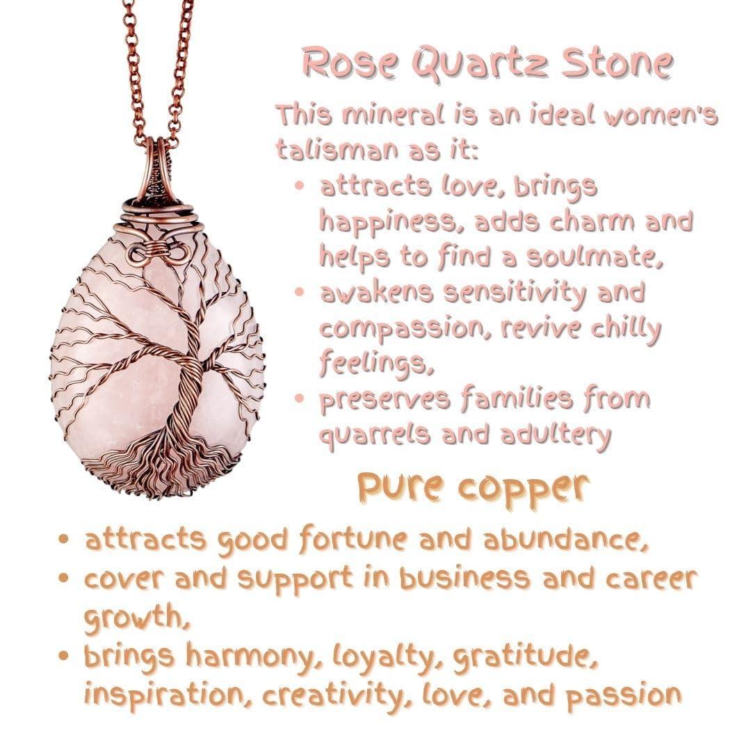 Unique tree of life rose quartz pendant necklace   Handmade copper jewelry for