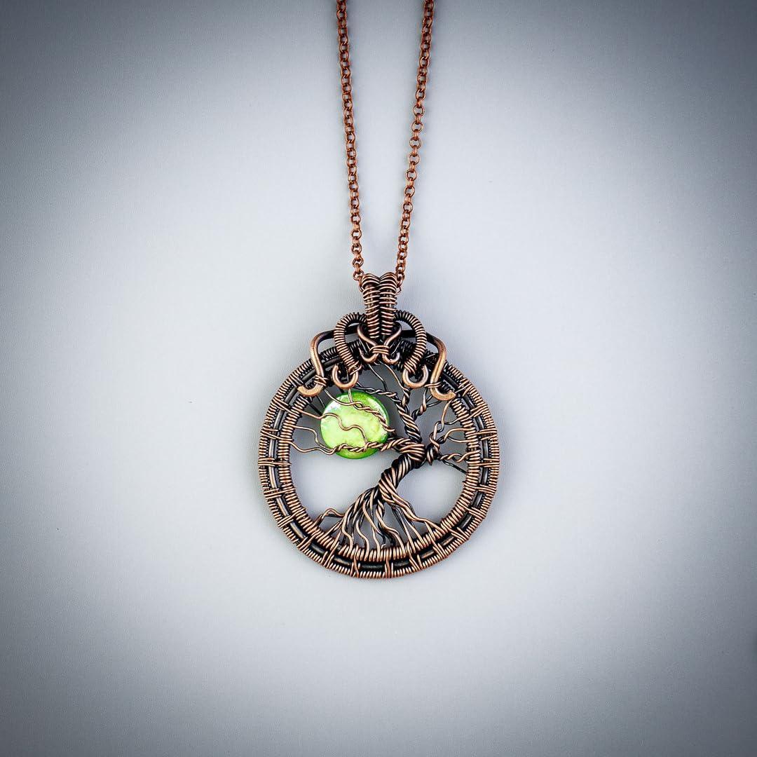 Handmade tree of life pendant necklace with shell moon   Unique copper jewelry