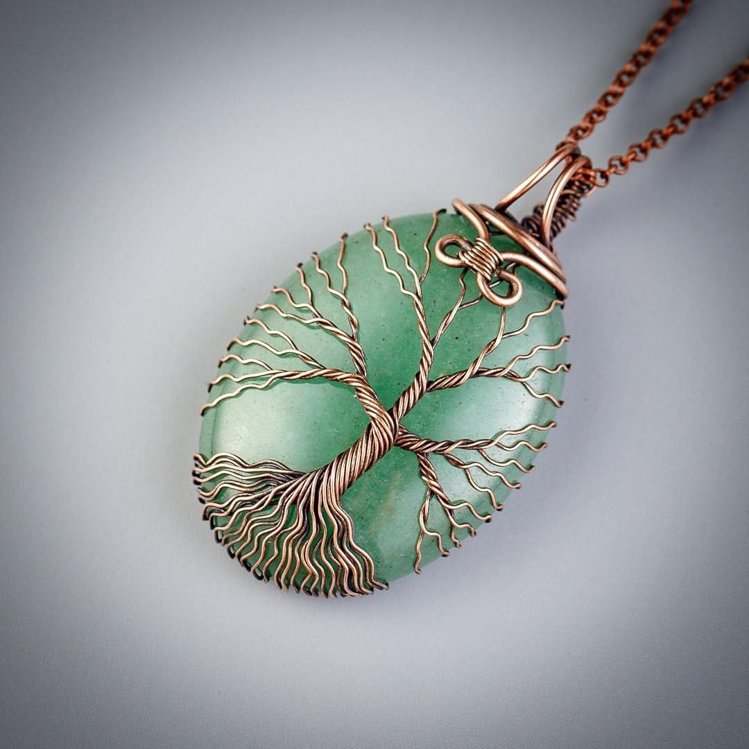 Green aventurine tree of life pendant necklace   Unique copper jewelry for