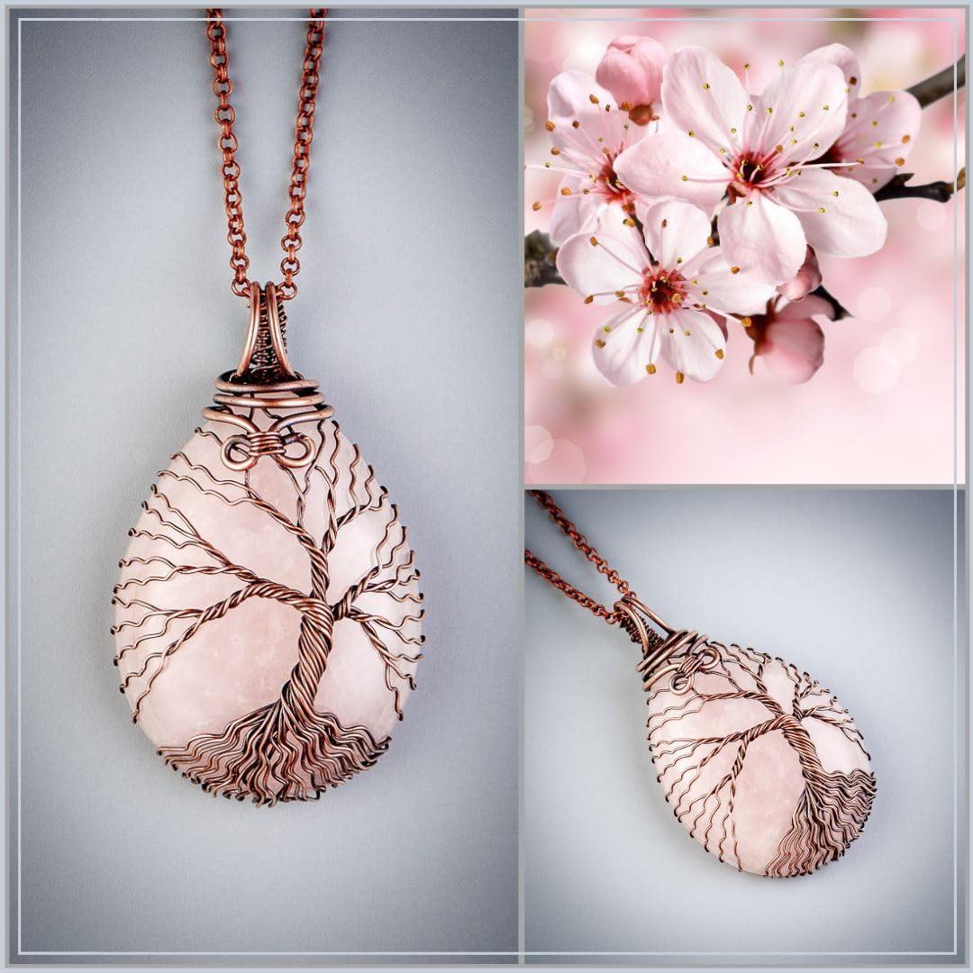 Unique tree of life rose quartz pendant necklace   Handmade copper jewelry for