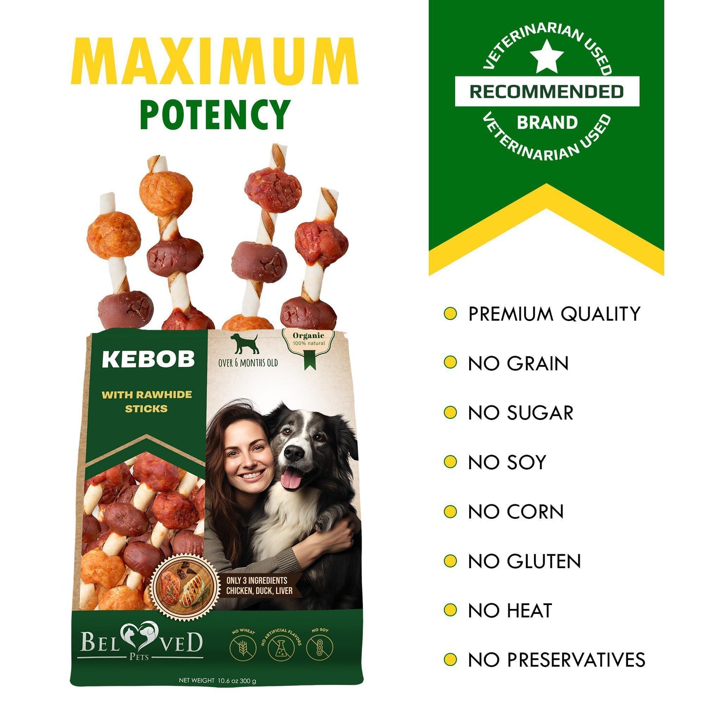 Kabobs Dog Rawhide Treats with Duck & Chicken Human Grade Meat   All Natural &