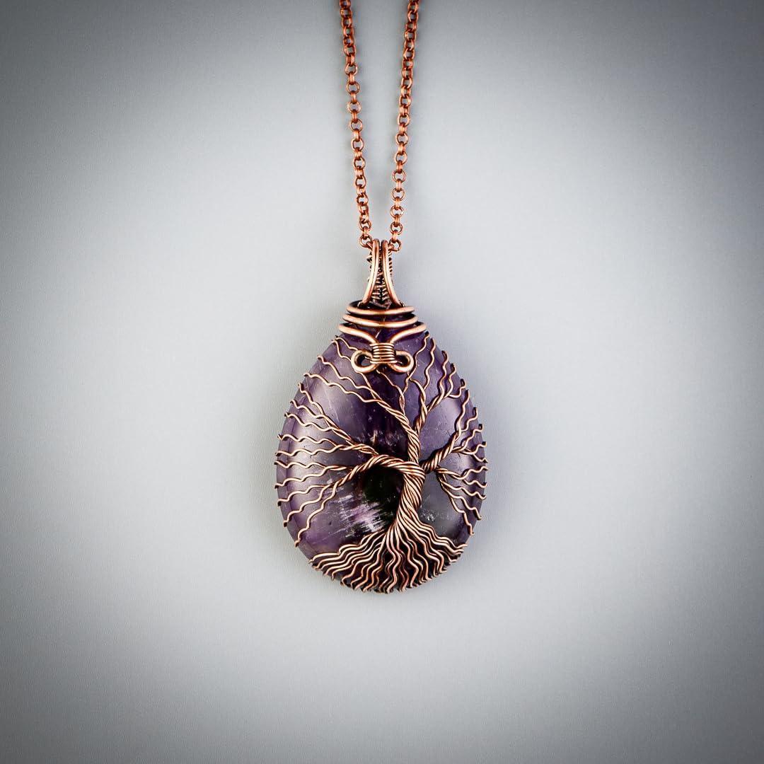 Teardrop amethyst tree of life pendant necklace   Unique copper jewelry for