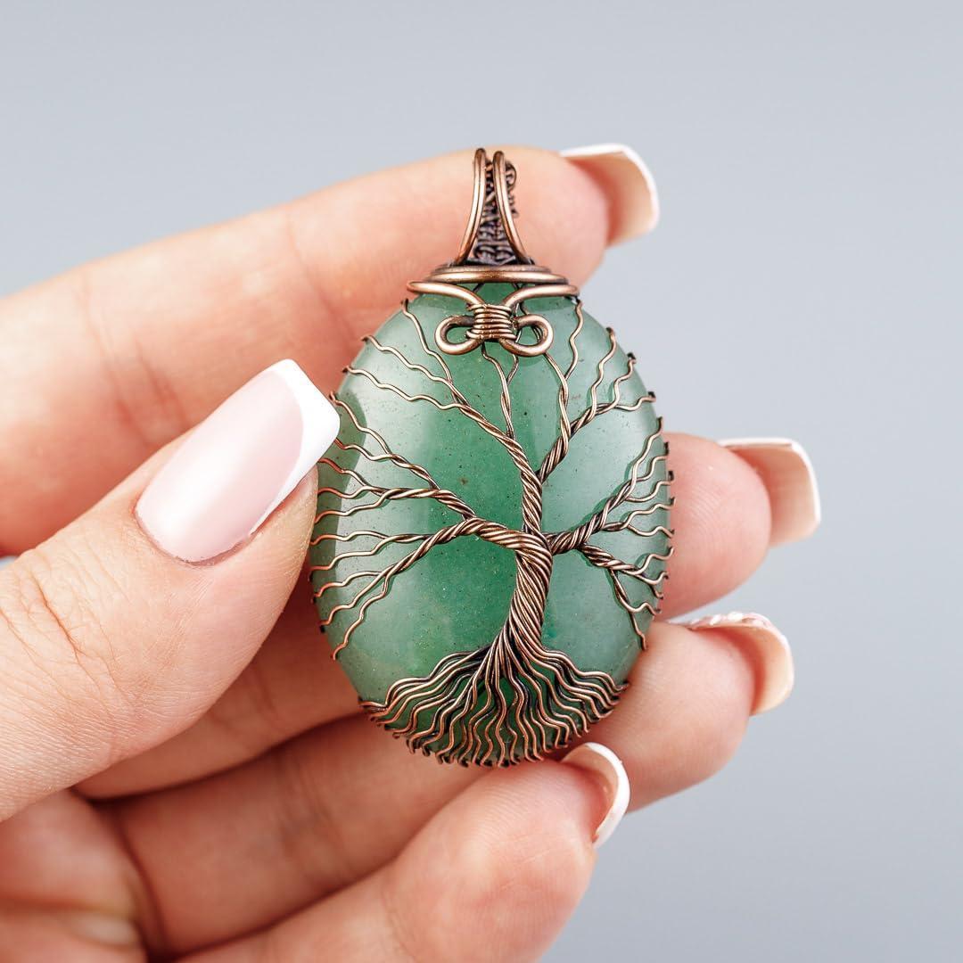 Green aventurine tree of life pendant necklace   Unique copper jewelry for