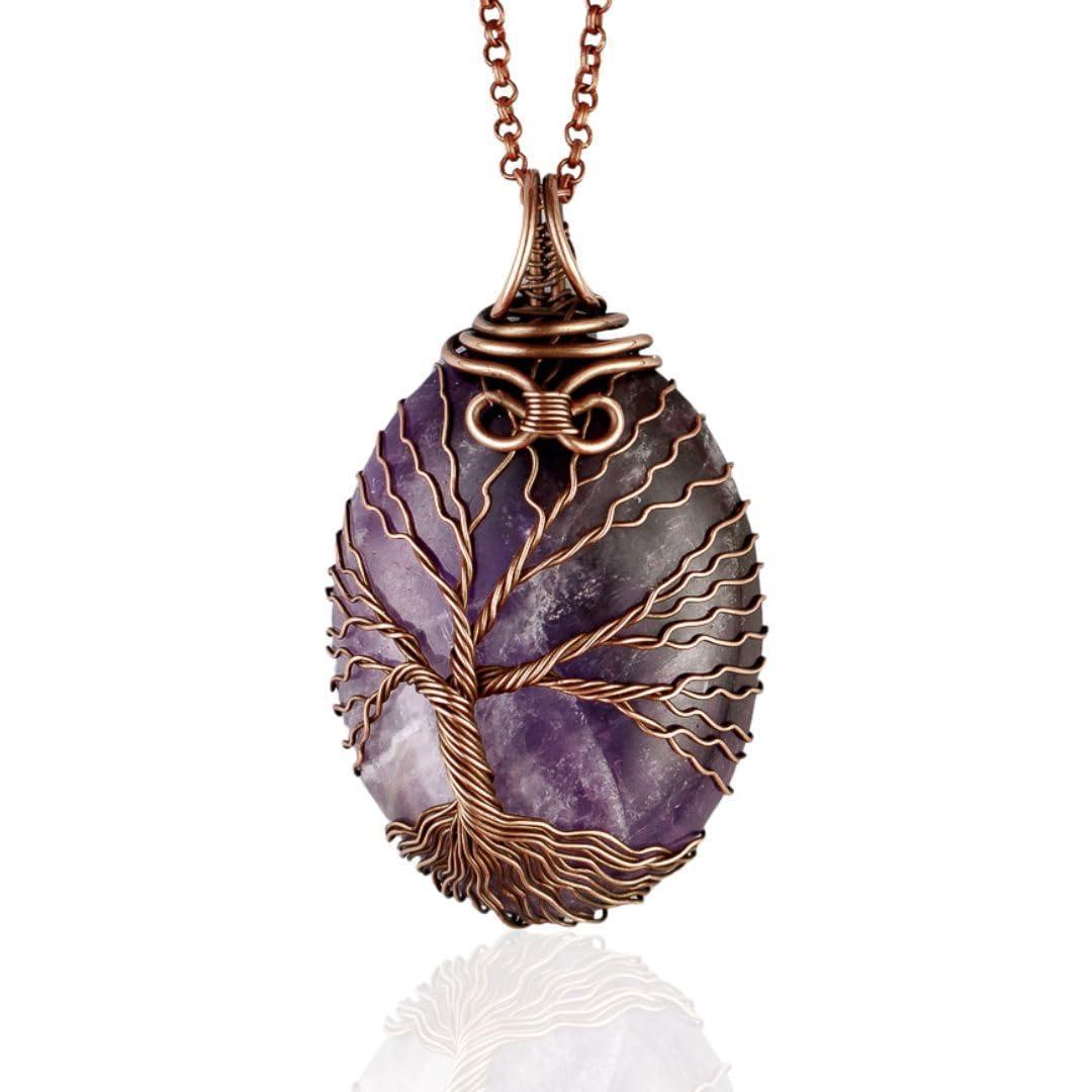 Handmade amethyst tree of life pendant necklace   Unique copper jewelry for