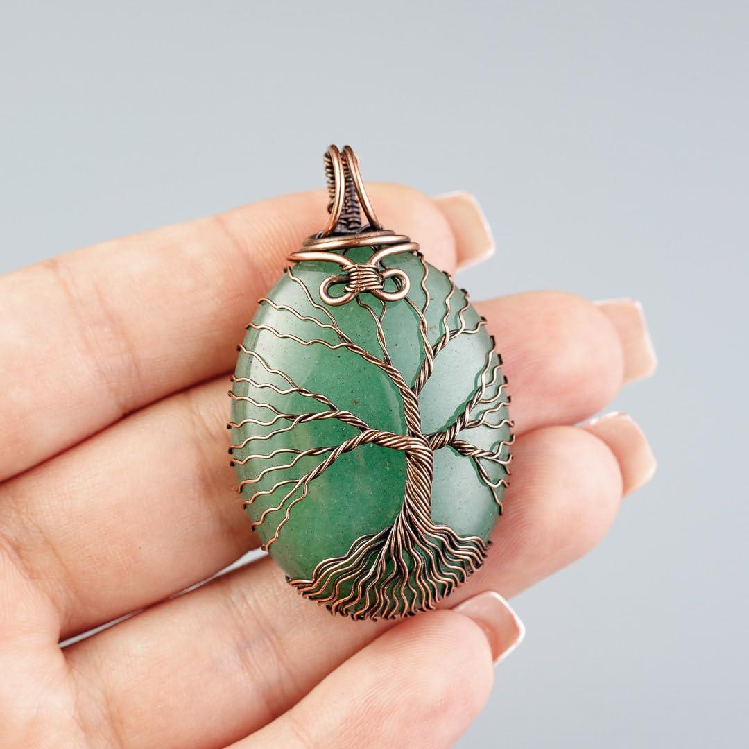 Green aventurine tree of life pendant necklace   Unique copper jewelry for