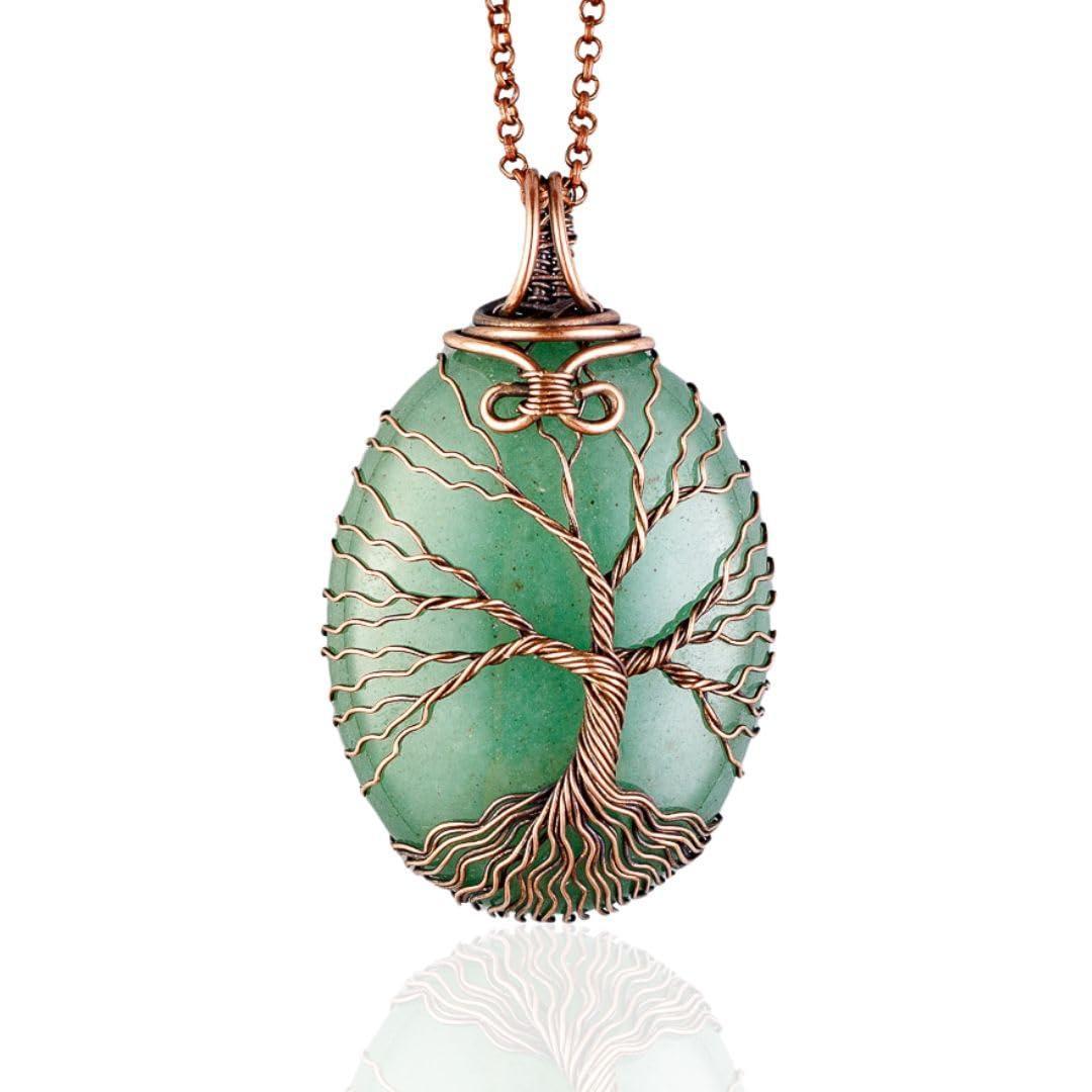 Green aventurine tree of life pendant necklace   Unique copper jewelry for