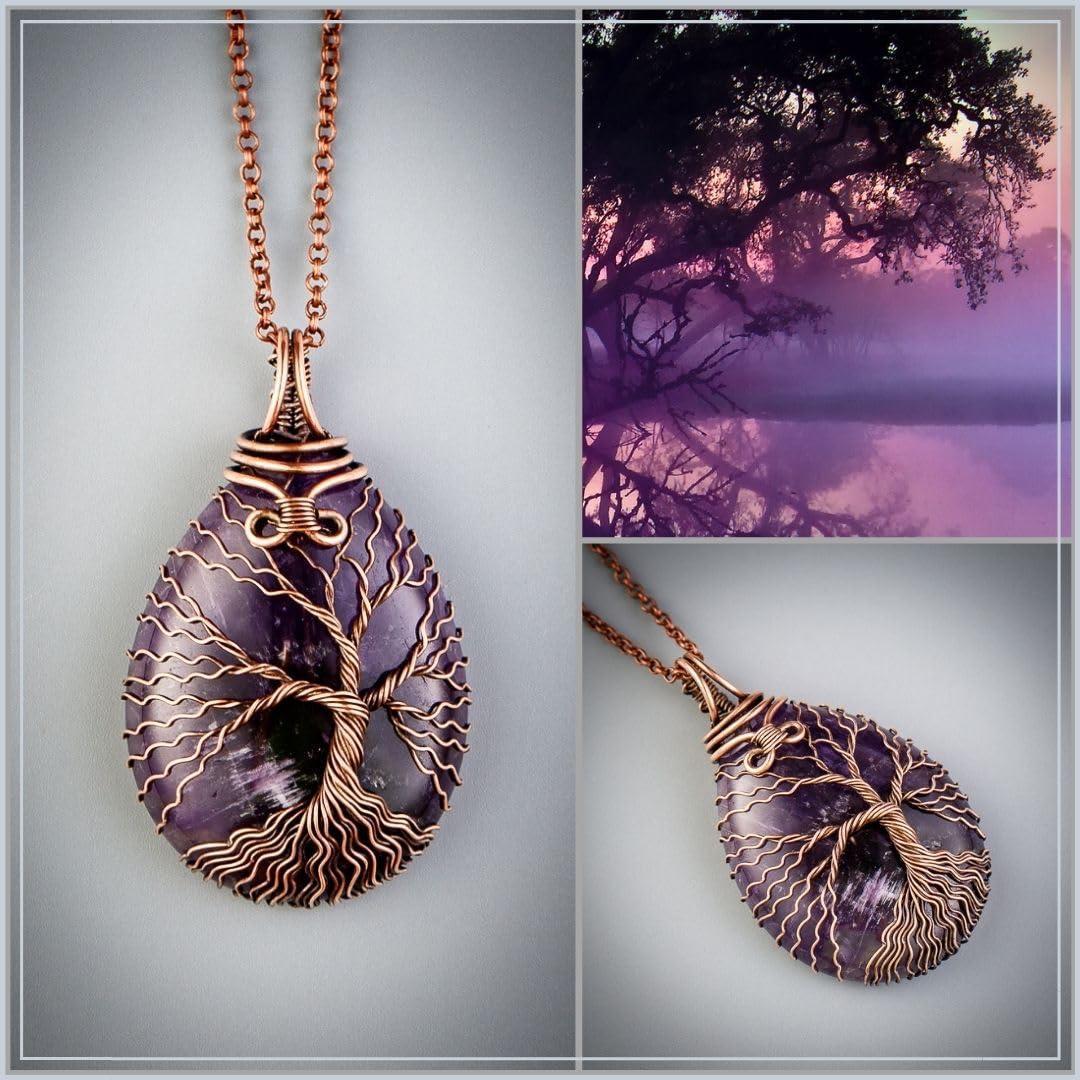 Teardrop amethyst tree of life pendant necklace   Unique copper jewelry for