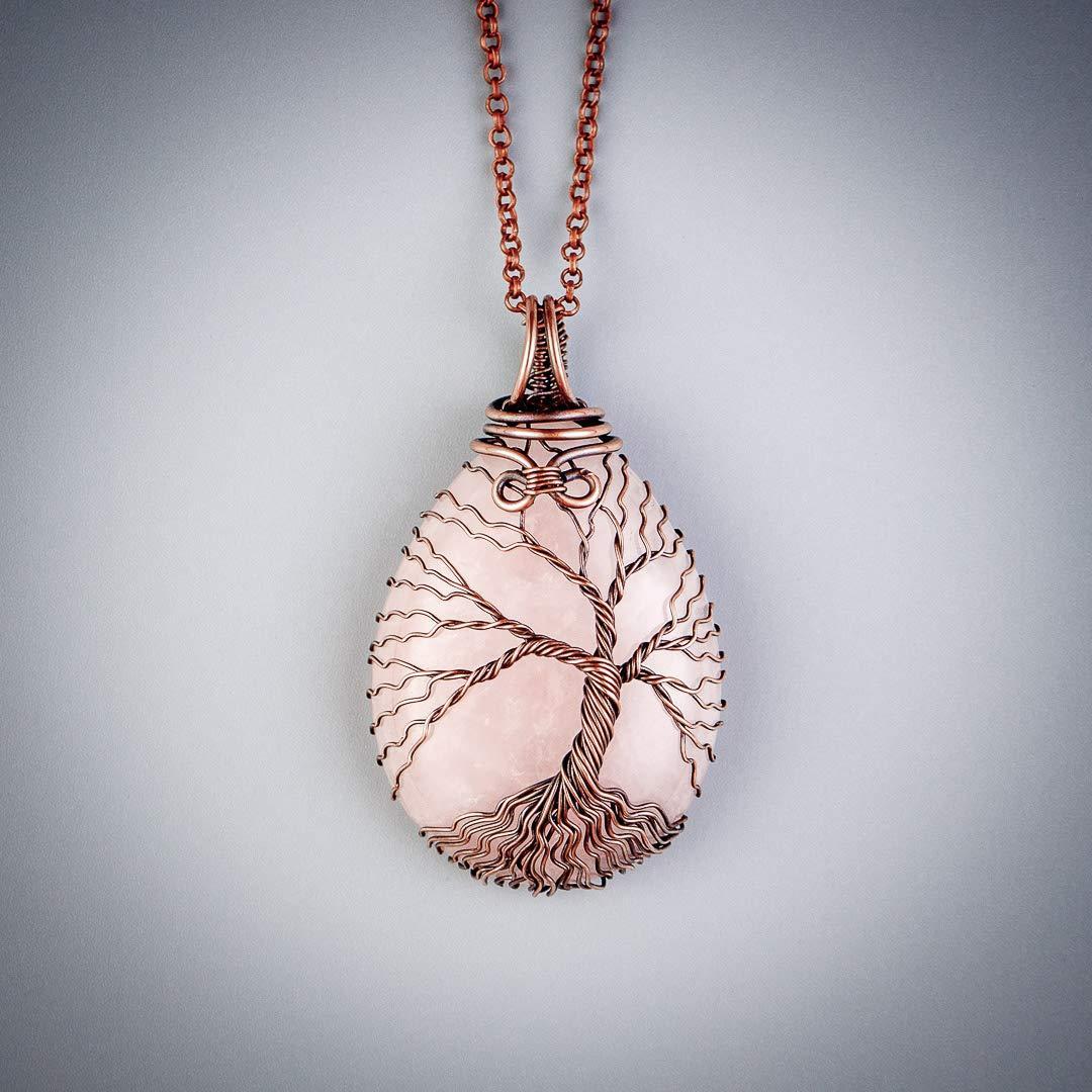 Unique tree of life rose quartz pendant necklace   Handmade copper jewelry for