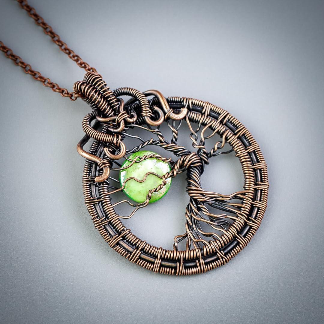 Handmade tree of life pendant necklace with shell moon   Unique copper jewelry