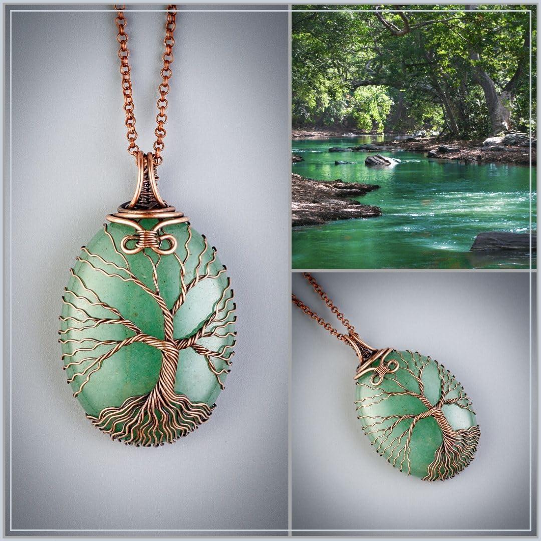 Green aventurine tree of life pendant necklace   Unique copper jewelry for