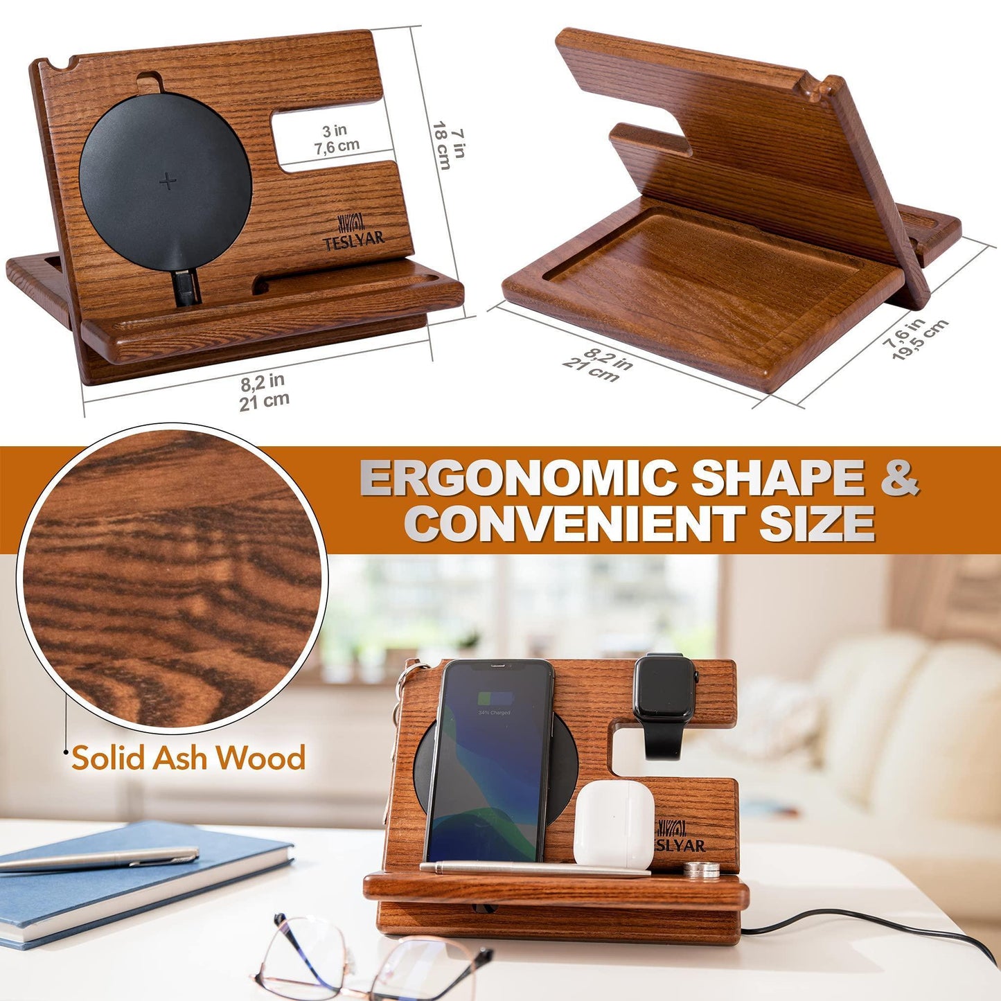 Wood Phone Docking Station Ash Key Holder Wallet Stand Watch Organizer Men