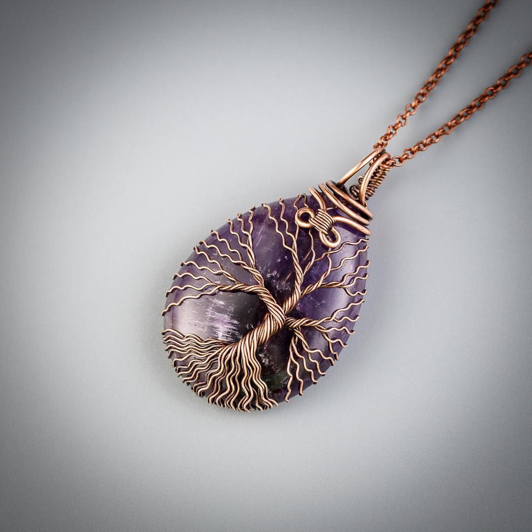 Teardrop amethyst tree of life pendant necklace   Unique copper jewelry for