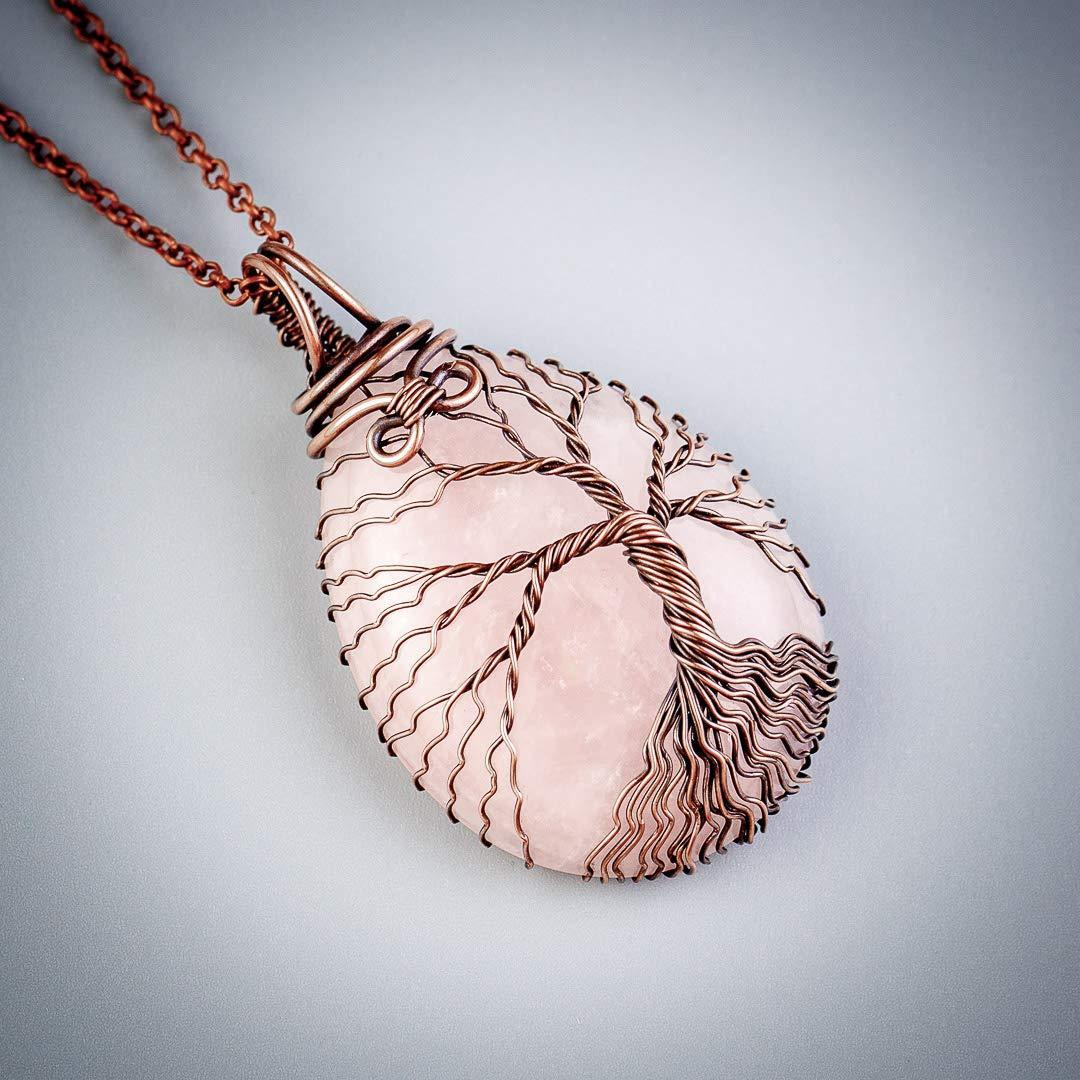 Unique tree of life rose quartz pendant necklace   Handmade copper jewelry for