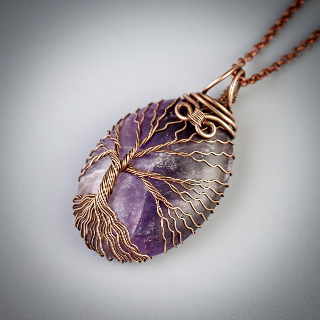 Handmade amethyst tree of life pendant necklace   Unique copper jewelry for