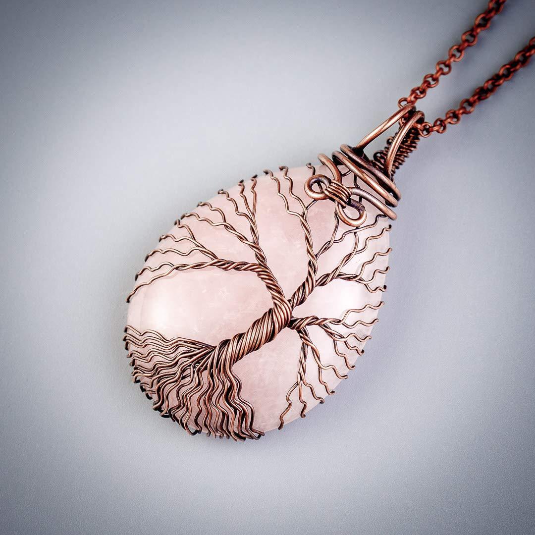 Unique tree of life rose quartz pendant necklace   Handmade copper jewelry for