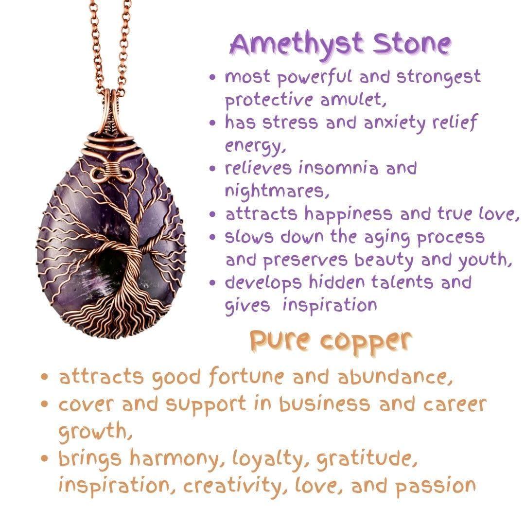 Teardrop amethyst tree of life pendant necklace   Unique copper jewelry for