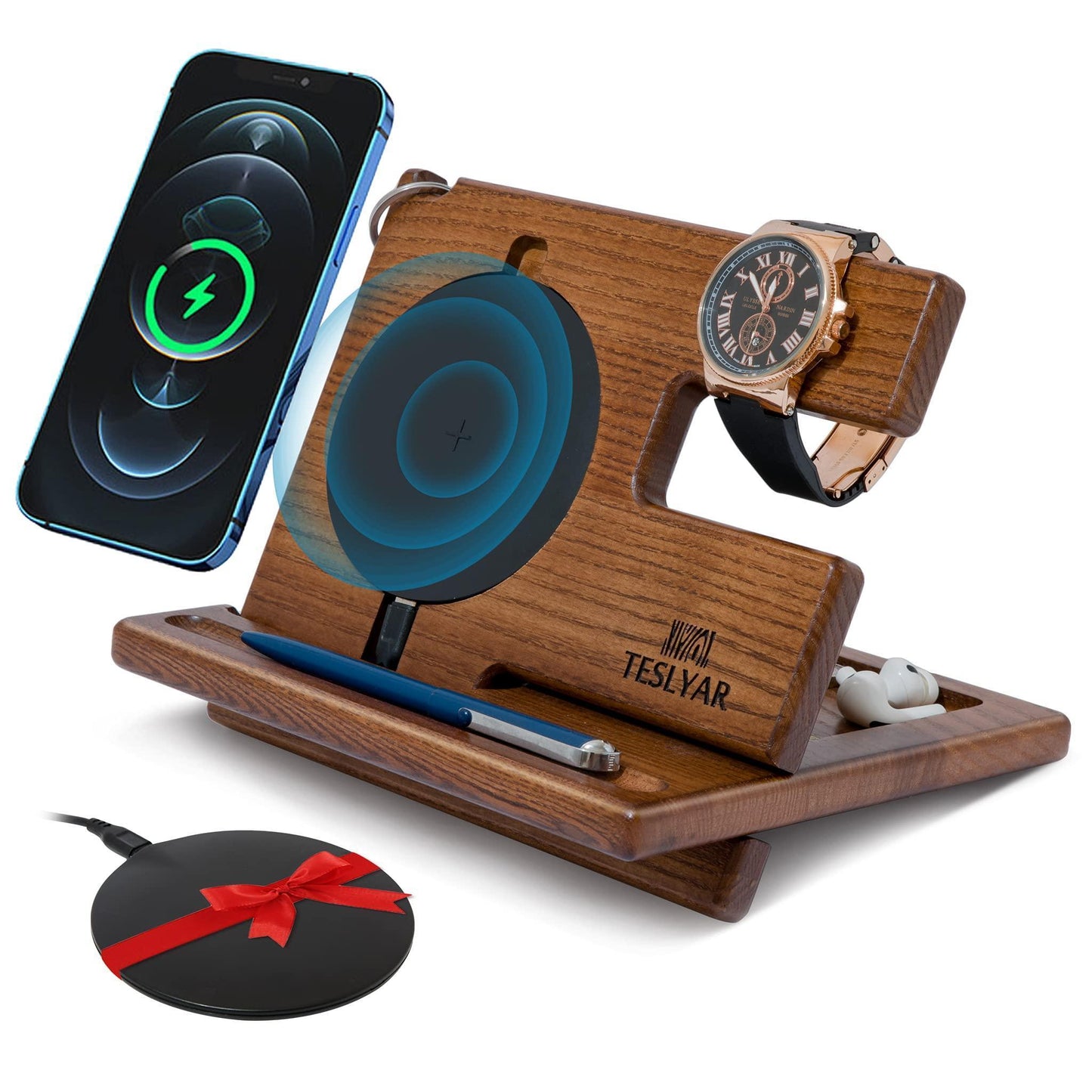 Wood Phone Docking Station Ash Key Holder Wallet Stand Watch Organizer Men