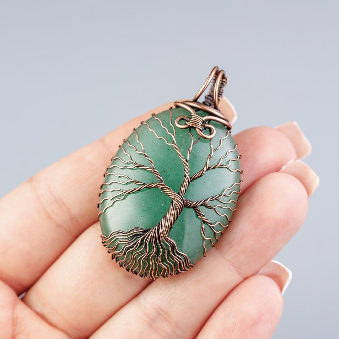 Green aventurine tree of life pendant necklace   Unique copper jewelry for