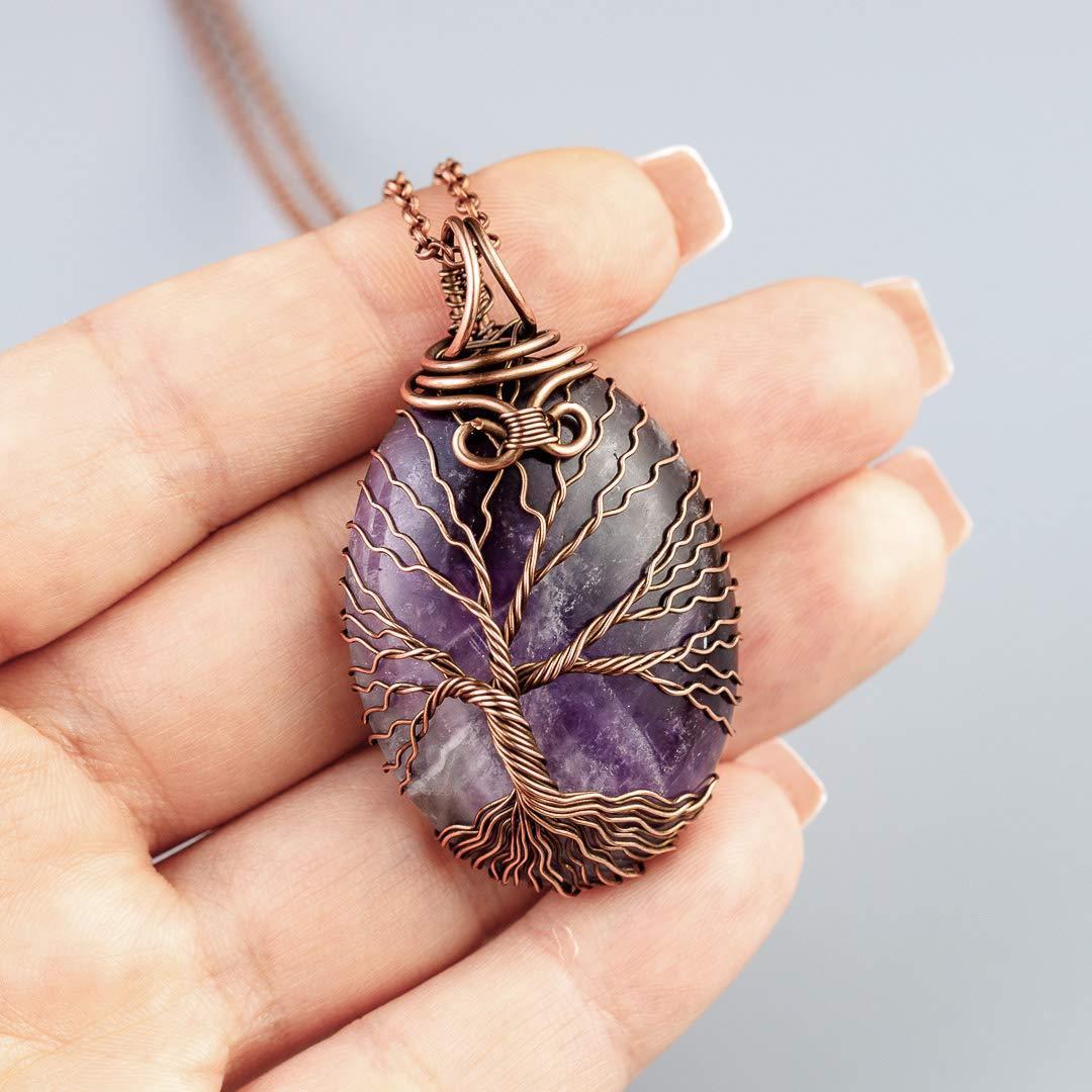 Handmade amethyst tree of life pendant necklace   Unique copper jewelry for