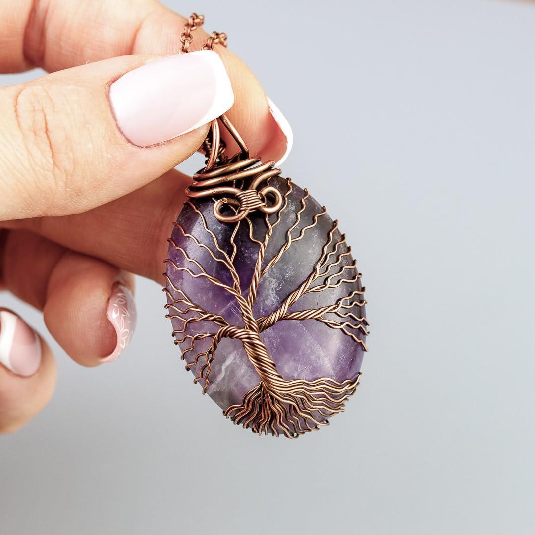 Handmade amethyst tree of life pendant necklace   Unique copper jewelry for