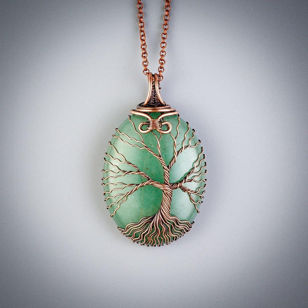 Green aventurine tree of life pendant necklace   Unique copper jewelry for