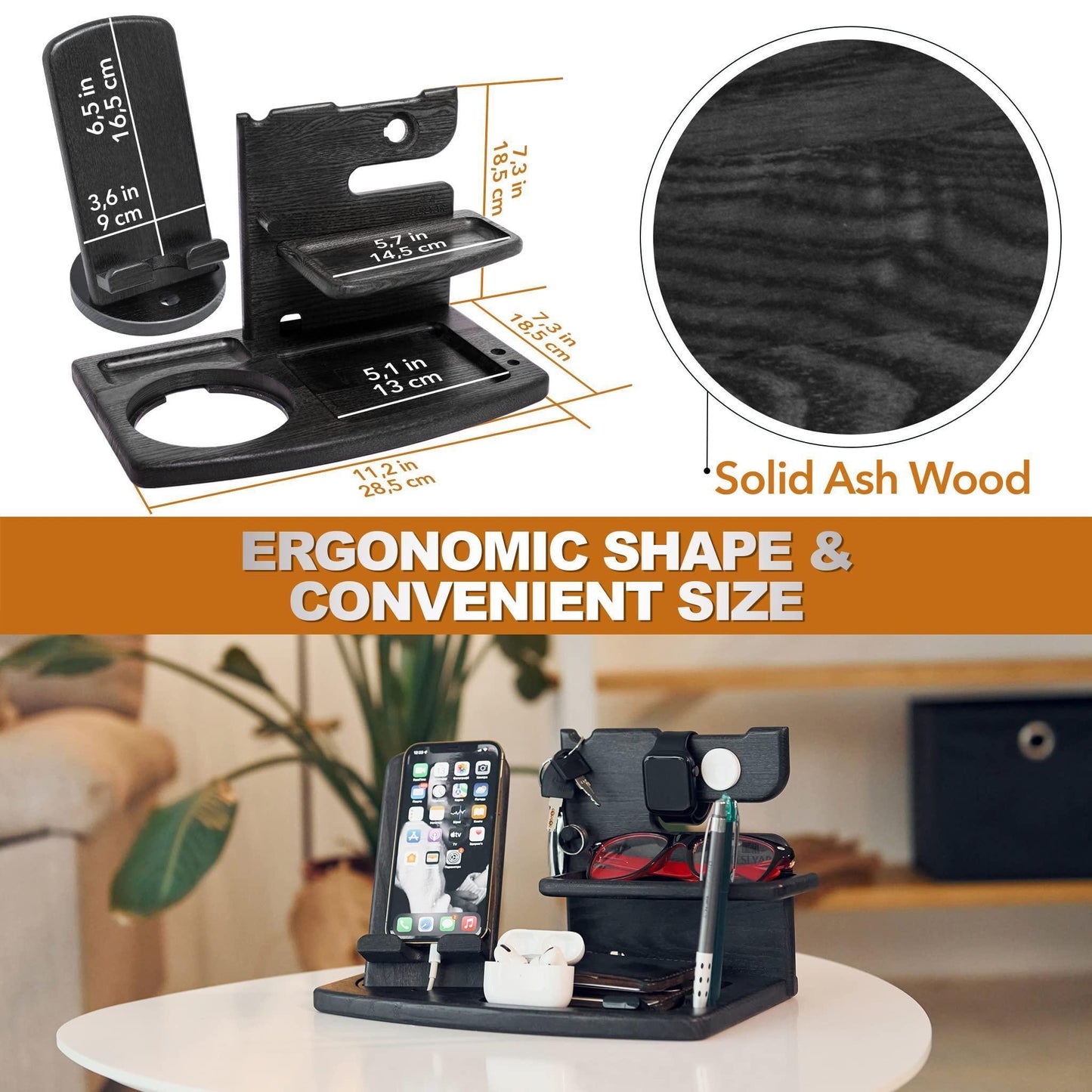 Wood Rotating Swivel Phone Docking Station with iPhone Watch Ash Key Holder